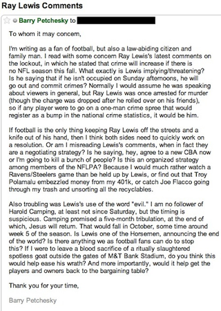 Illustration for article titled Today In Bothering The NFL With Stupid Questions: Ray Lewis One-Man Crime Wave Edition